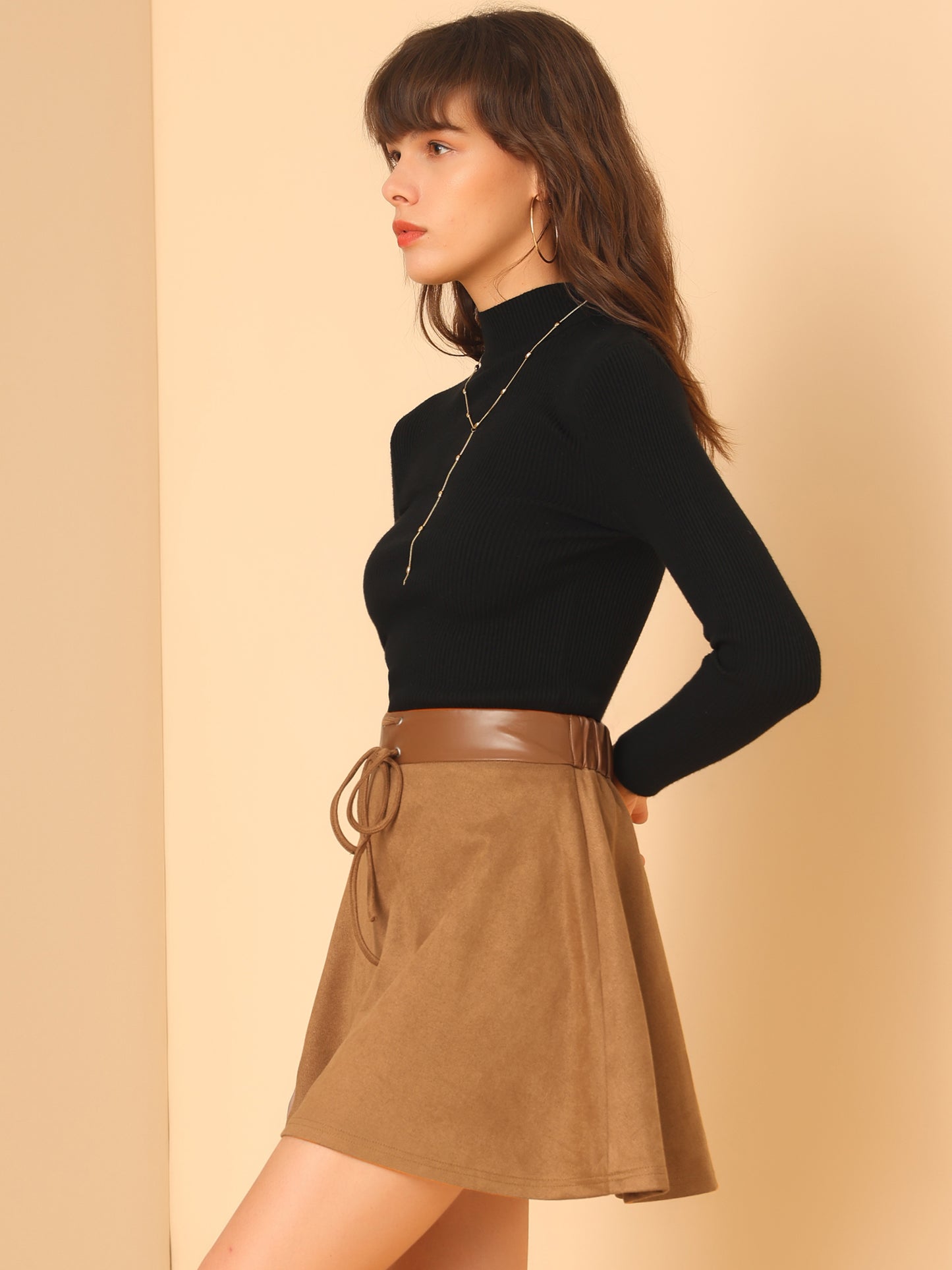 Women's Mini Length Faux Suede Tie Decor Flare Fit A-Line Skirt