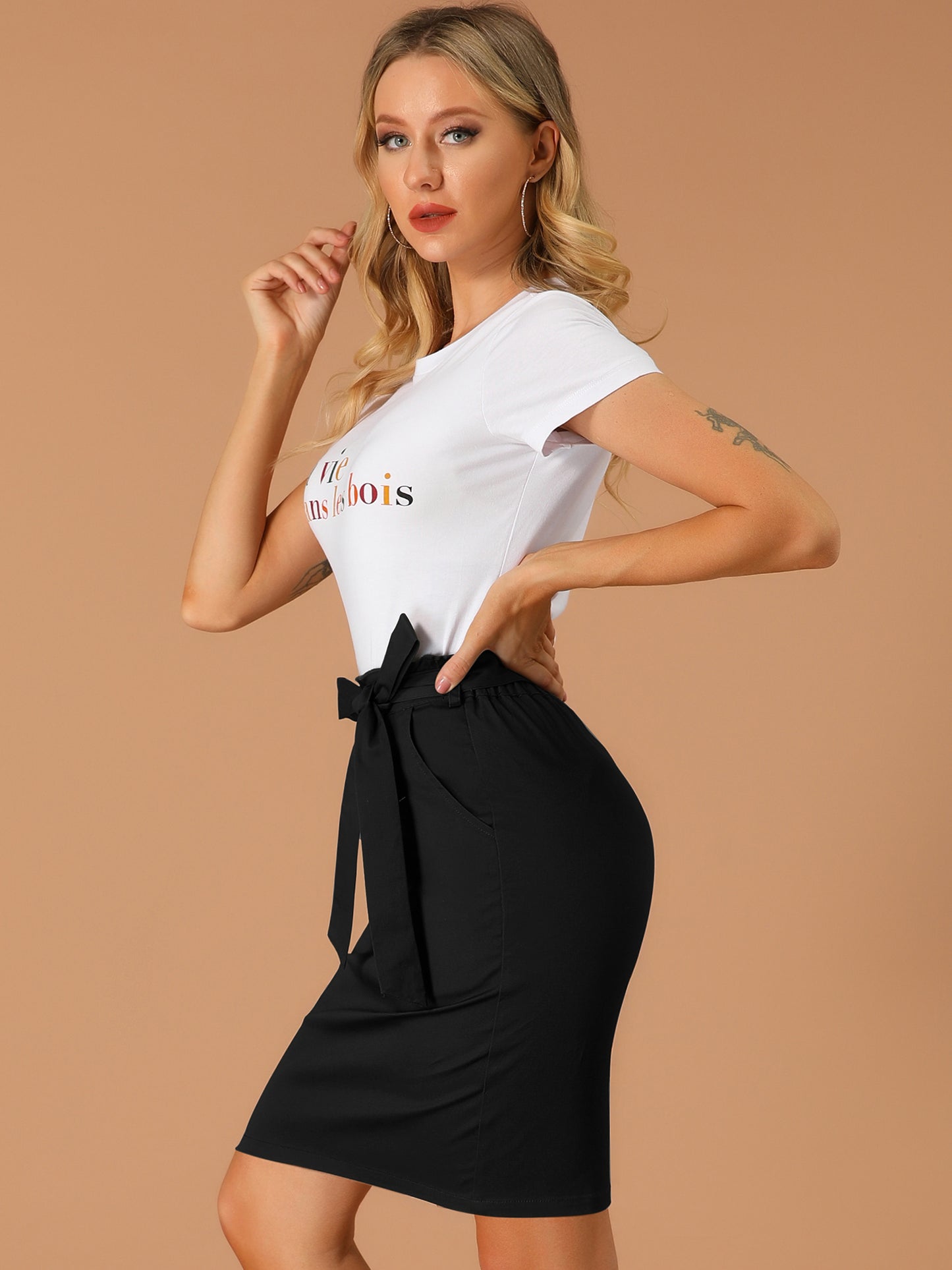 Women's Workwear Paperbag Elastic Waist  Side Pockets Cotton Pencil Skirt