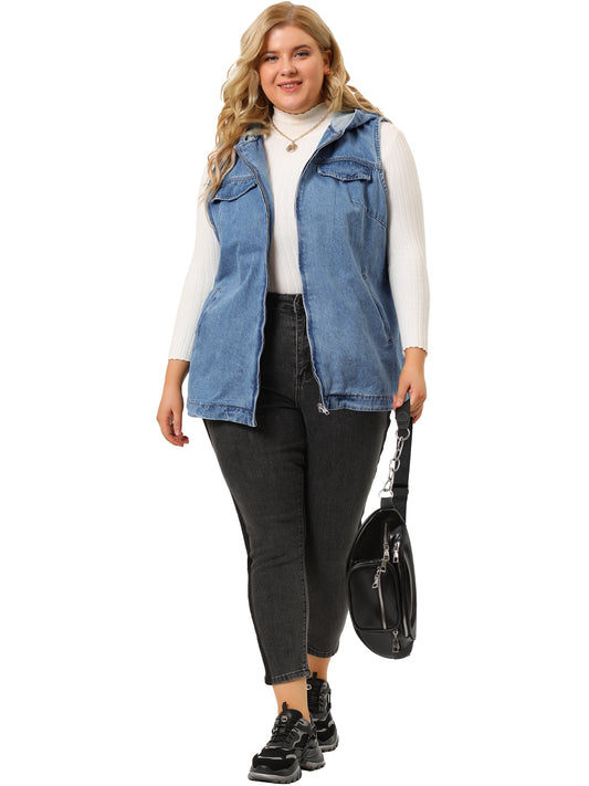 Chaleco vaquero de talla grande para mujer, sin mangas, ligero, con capucha, chaqueta vaquera utilitaria