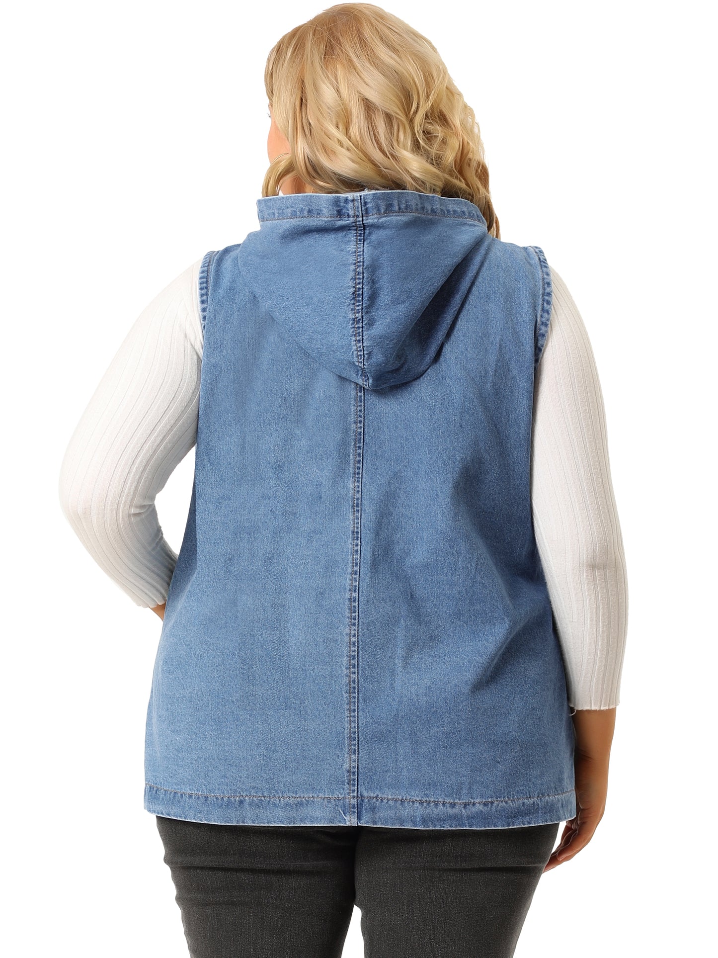 Women Plus Size Denim Vest Sleeveless Lightweight Hoodie Utility Denim Jacket Vest