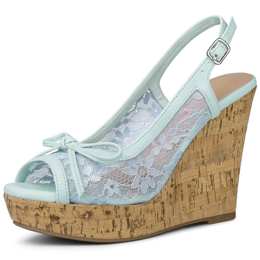 Women's Platform Heels Bow Lace Wedge Mustard Sandals