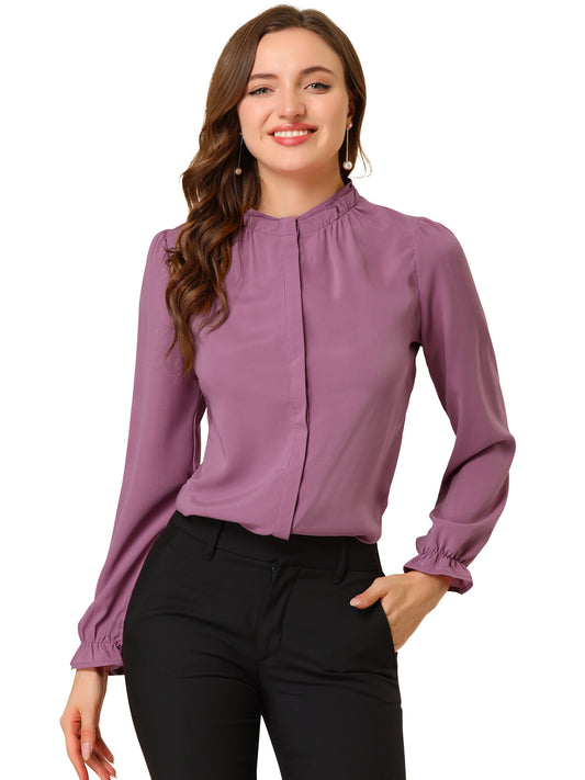 Blusa elegante de gasa con botones y manga larga con cuello con volantes para mujer