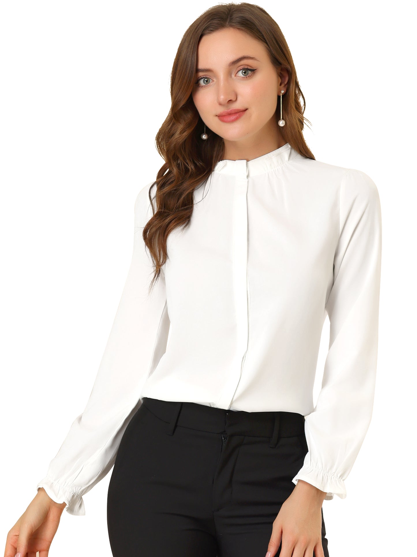 Blusa elegante de gasa con botones y manga larga con cuello con volantes para mujer