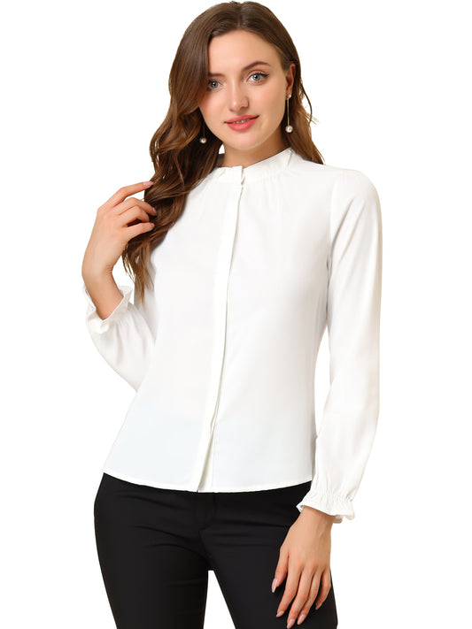 Blusa elegante de gasa con botones y manga larga con cuello con volantes para mujer