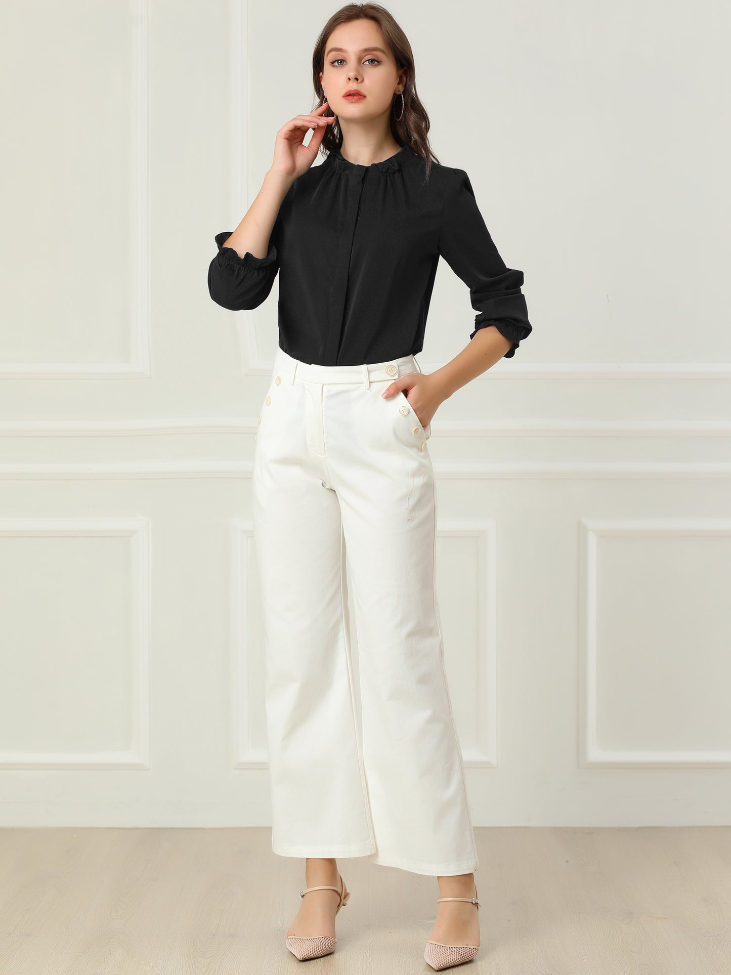 Women's Elegant Ruffled Collar Long Sleeve Chiffon Button Down Blouse Shirt