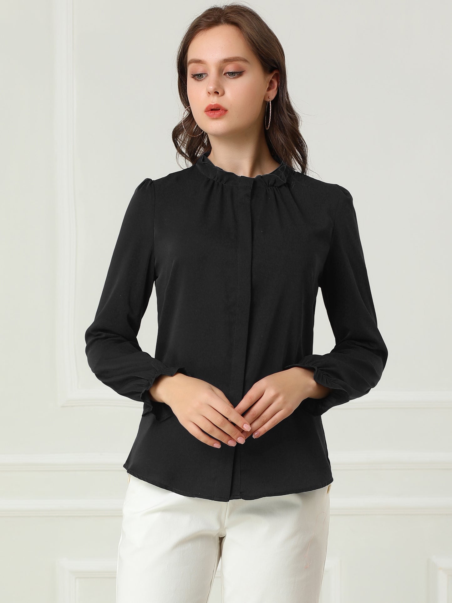 Women's Elegant Ruffled Collar Long Sleeve Chiffon Button Down Blouse Shirt