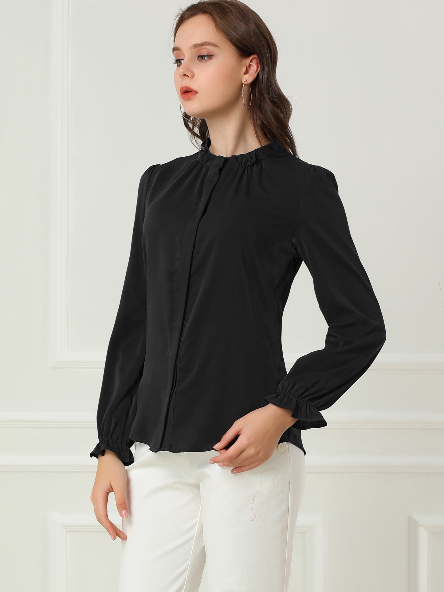 Women's Elegant Ruffled Collar Long Sleeve Chiffon Button Down Blouse Shirt