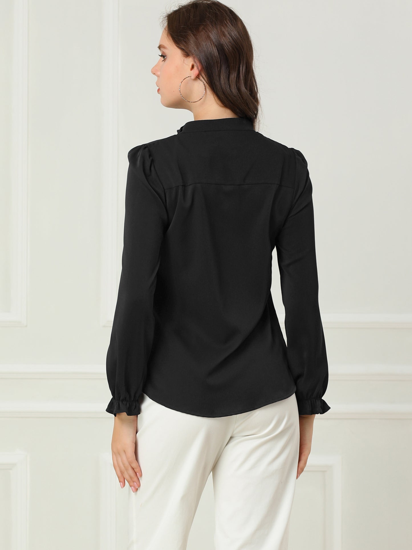 Women's Elegant Ruffled Collar Long Sleeve Chiffon Button Down Blouse Shirt