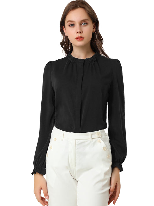 Women's Elegant Ruffled Collar Long Sleeve Chiffon Button Down Blouse Shirt