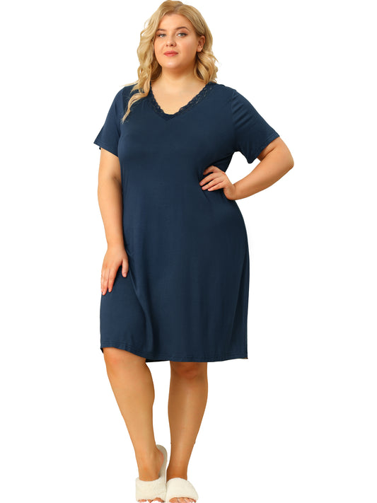 Women Plus Size Nightgowns Lace V Neck Short Sleeve Loungewear Sleepwear Dress
