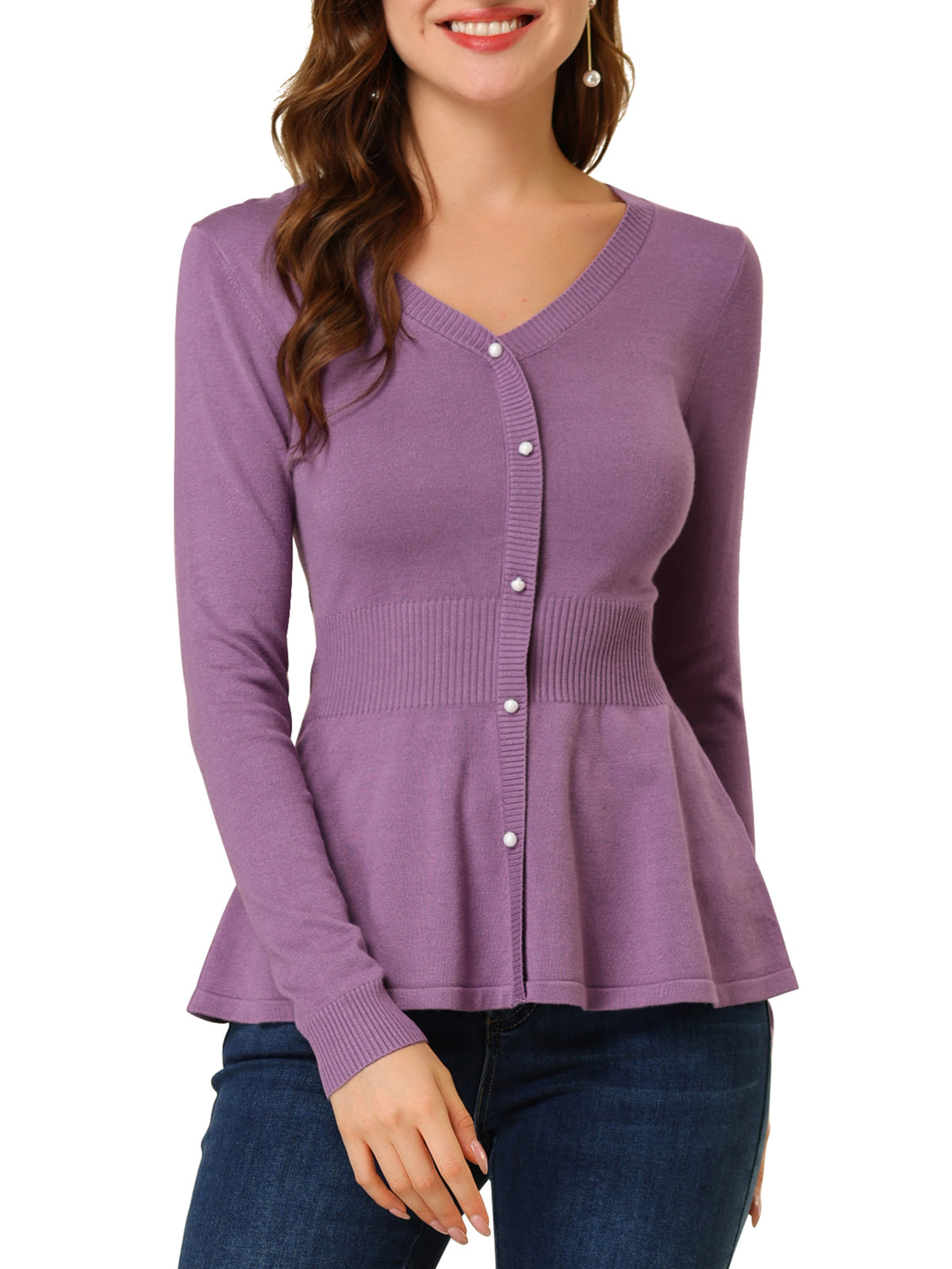 Women's Peplum Sweater V Neck Long Sleeve Knit Cinched Waist tops