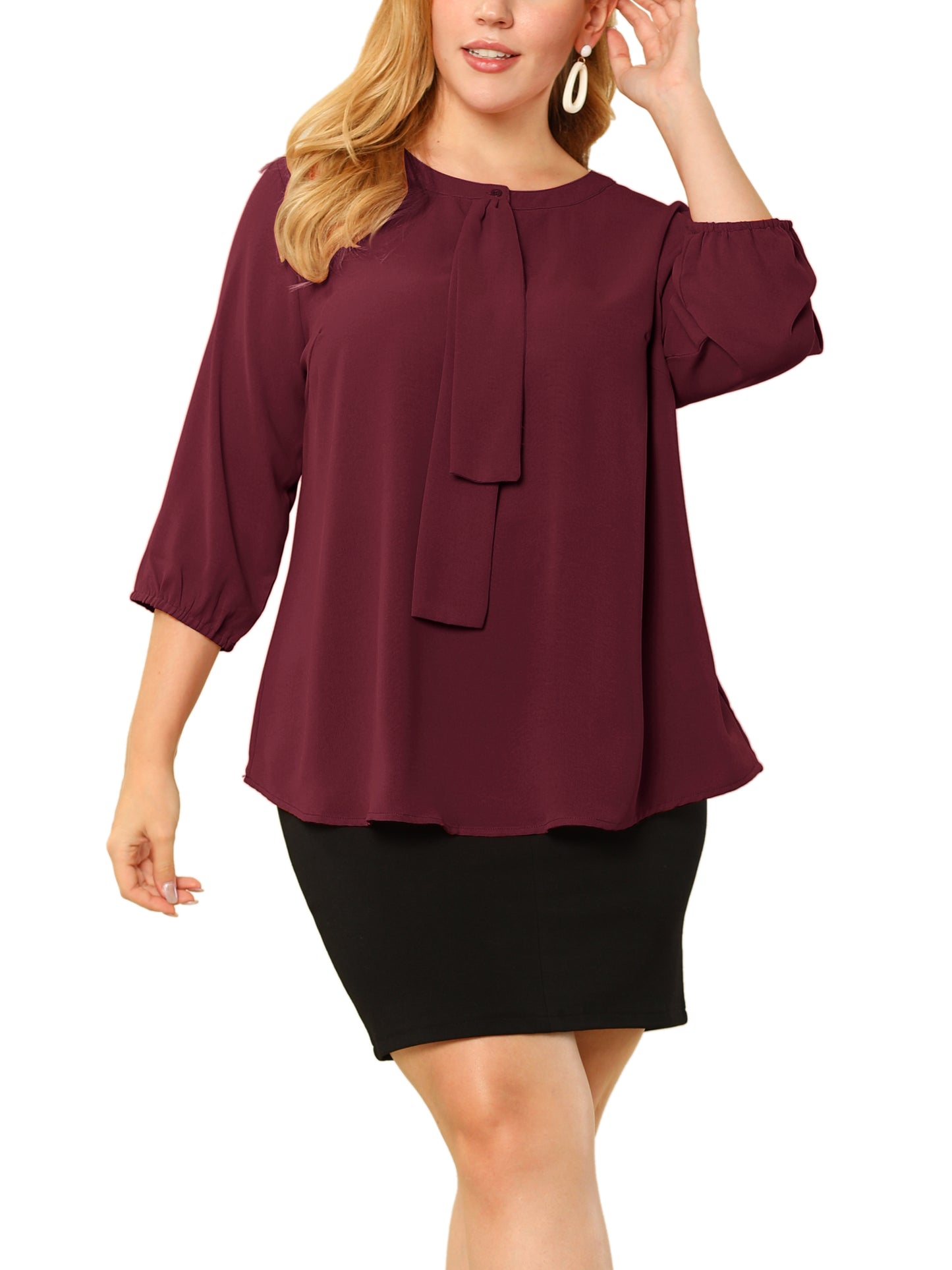 Women Plus Size Top 3/4 Sleeve Work Office Tie Front Ruffle Chiffon Blouse