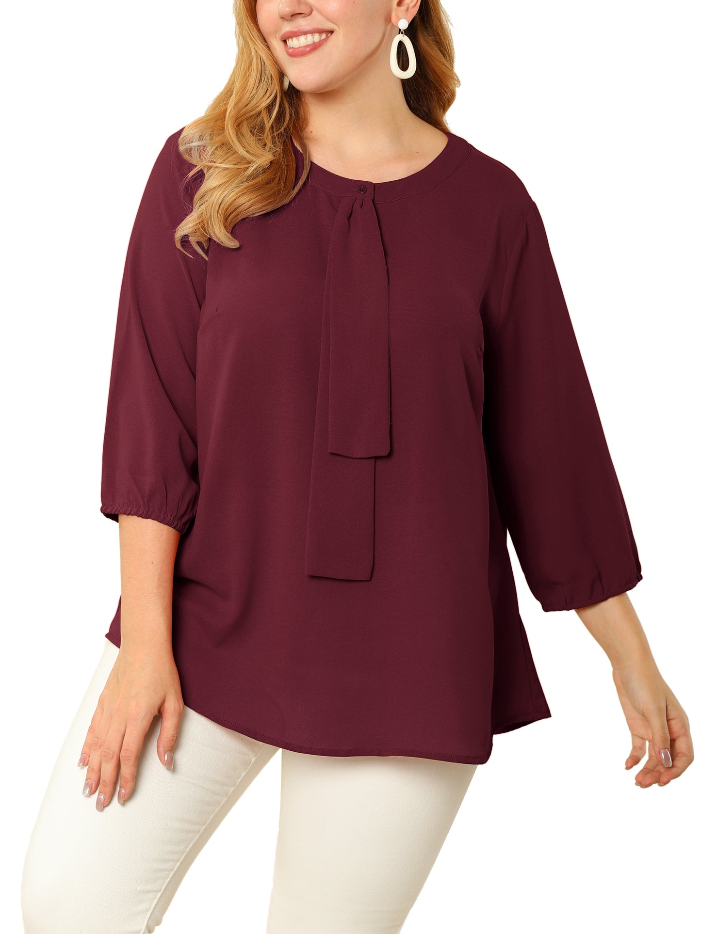 Women Plus Size Top 3/4 Sleeve Work Office Tie Front Ruffle Chiffon Blouse