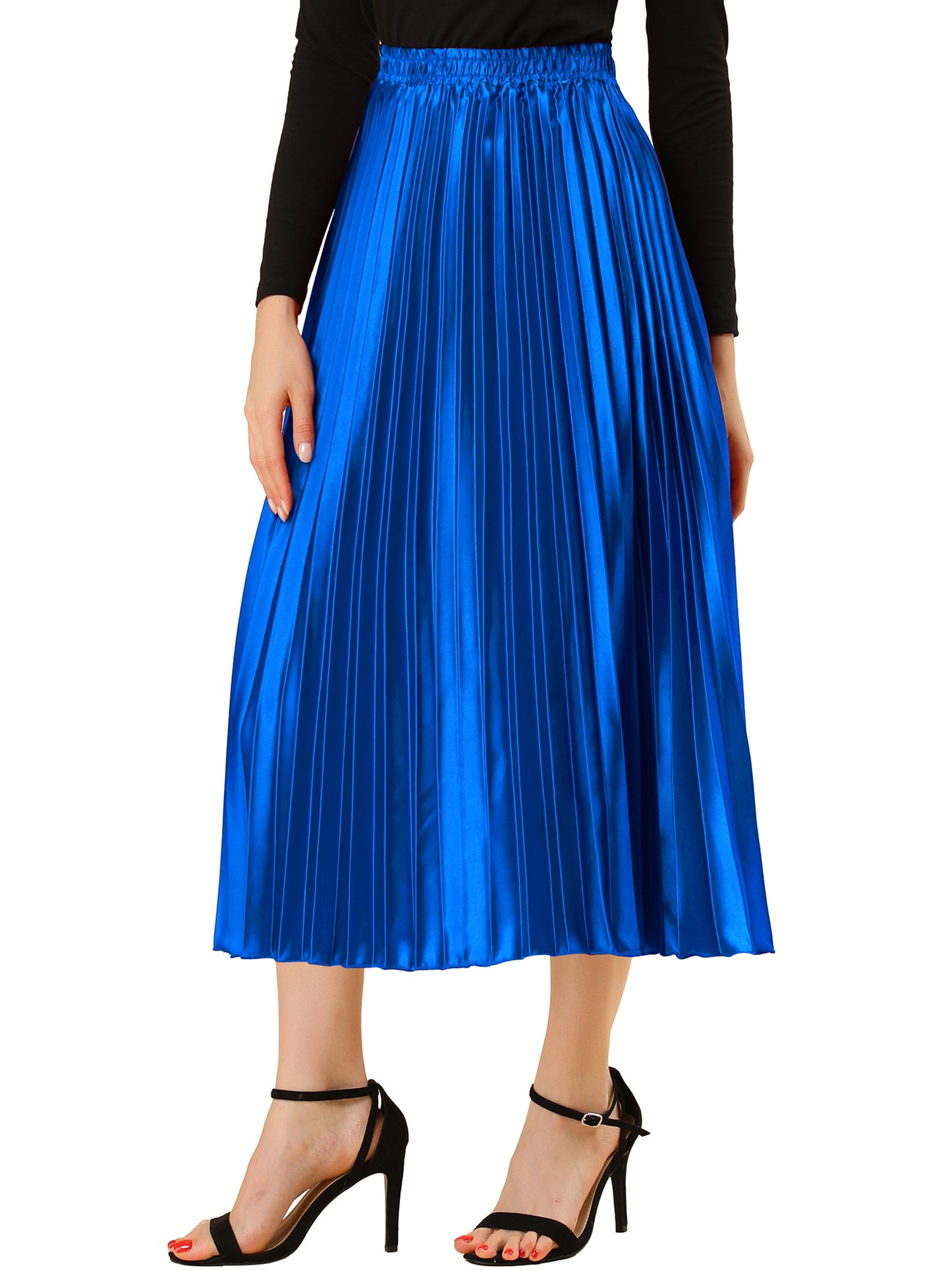 Women's Pleated Elastic Waist Metallic Shiny Accordion Elegant Midi Skirt (Available in Plus Size)