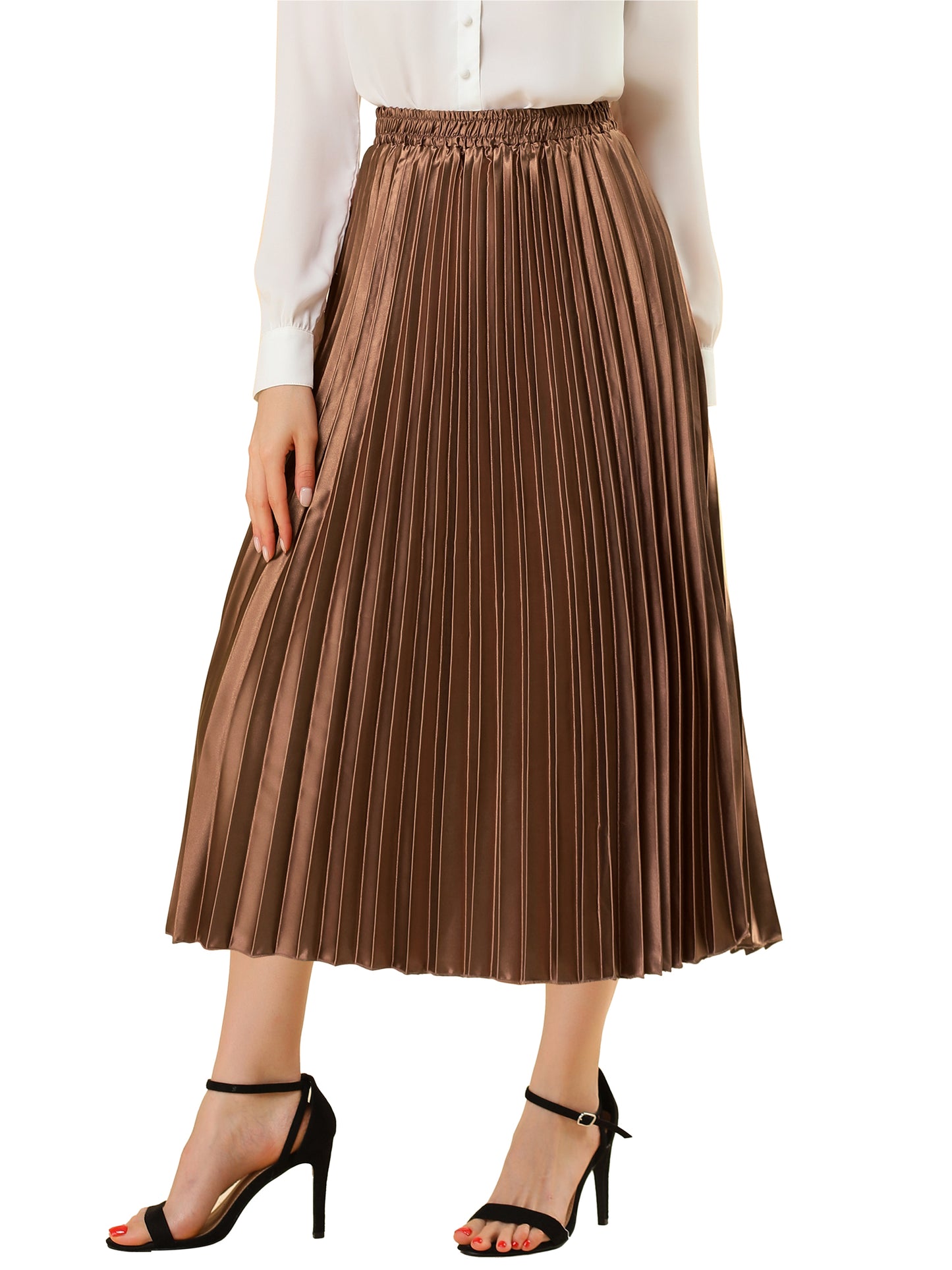 Women's Pleated Elastic Waist Metallic Shiny Accordion Elegant Midi Skirt (Available in Plus Size)