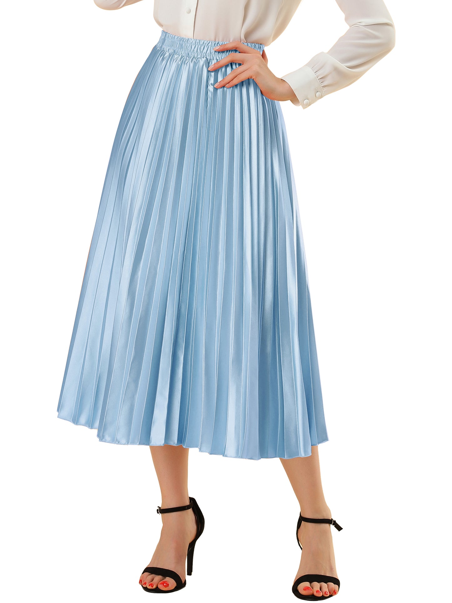 Women's Pleated Elastic Waist Metallic Shiny Accordion Elegant Midi Skirt (Available in Plus Size)