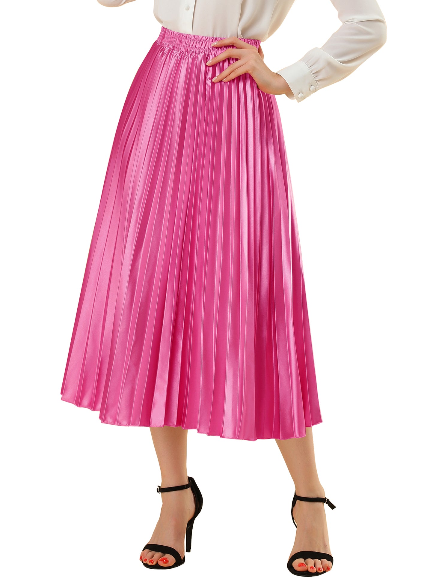 Women's Pleated Elastic Waist Metallic Shiny Accordion Elegant Midi Skirt (Available in Plus Size)
