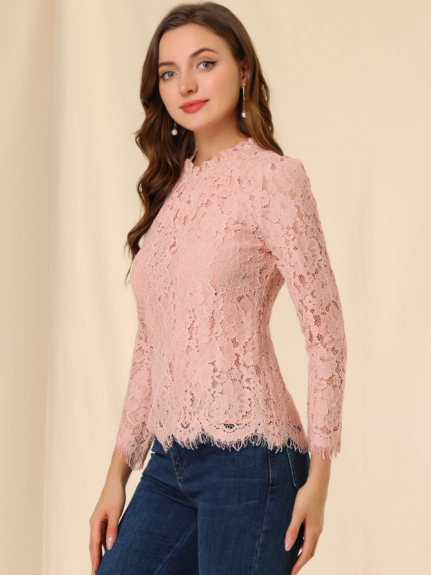 Blusa elegante de manga larga con encaje y peplum para mujer