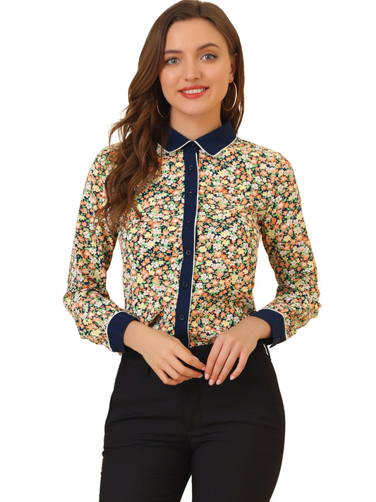 Women's Button Down Shirt Long Sleeve Contrast Collar Floral Top