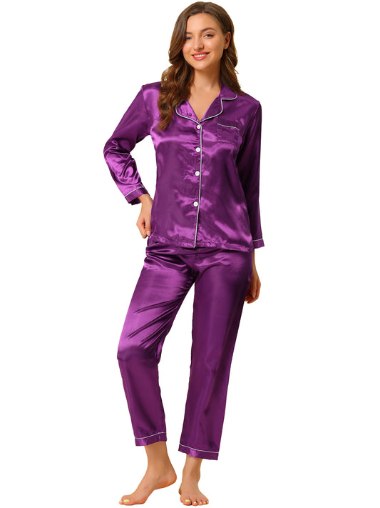 cheibear Pajama Sets Sleepwear Button Down Night Suit Lounge Sets Purple
