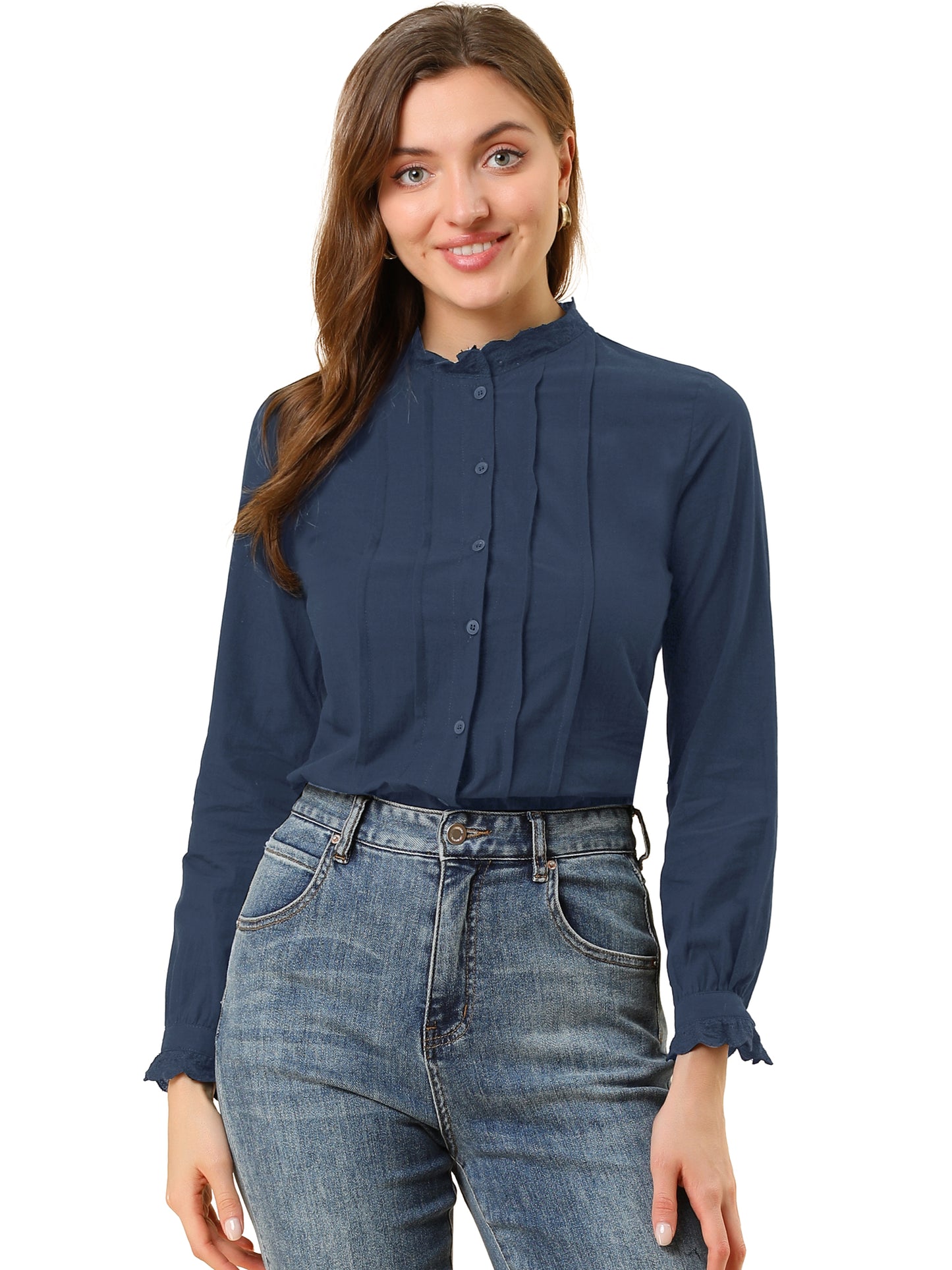 Women's Mock Neck Blouse Ruffle Work Office Cotton Pleated Button Up Shirt