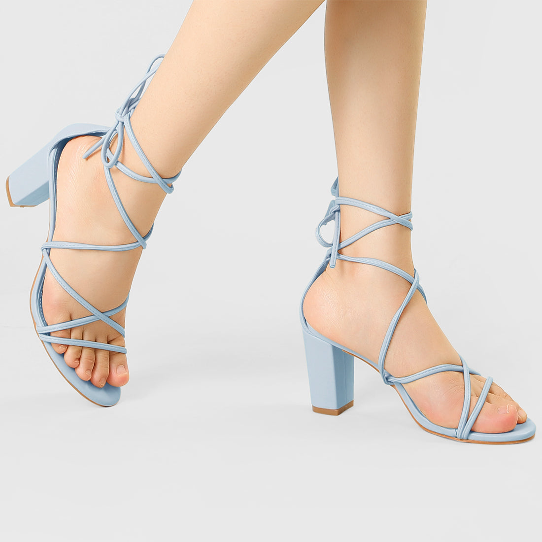 Allegra K Strappy Straps Lace Up Chunky Gold Heel Sandals Sky Blue