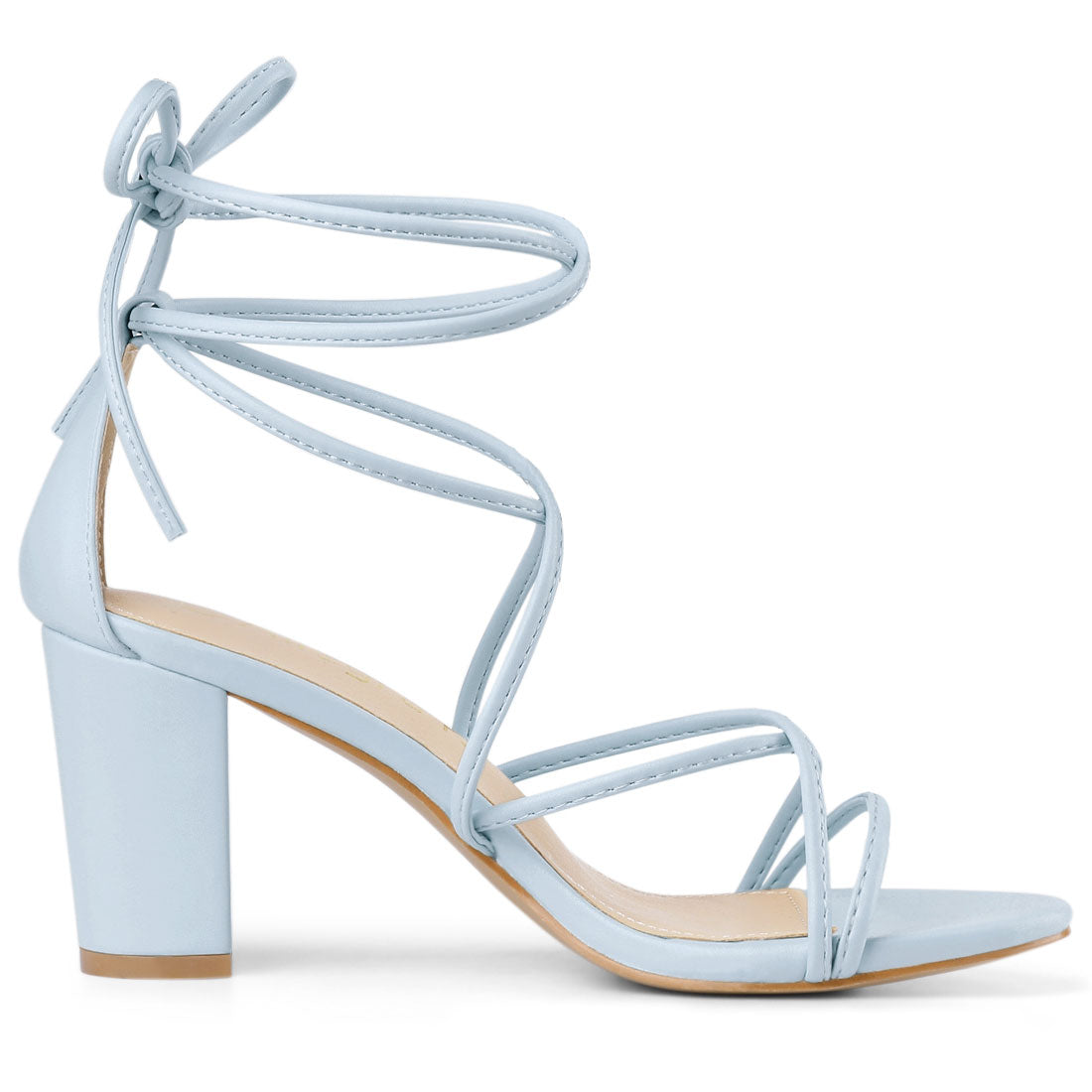 Allegra K Strappy Straps Lace Up Chunky Gold Heel Sandals Sky Blue