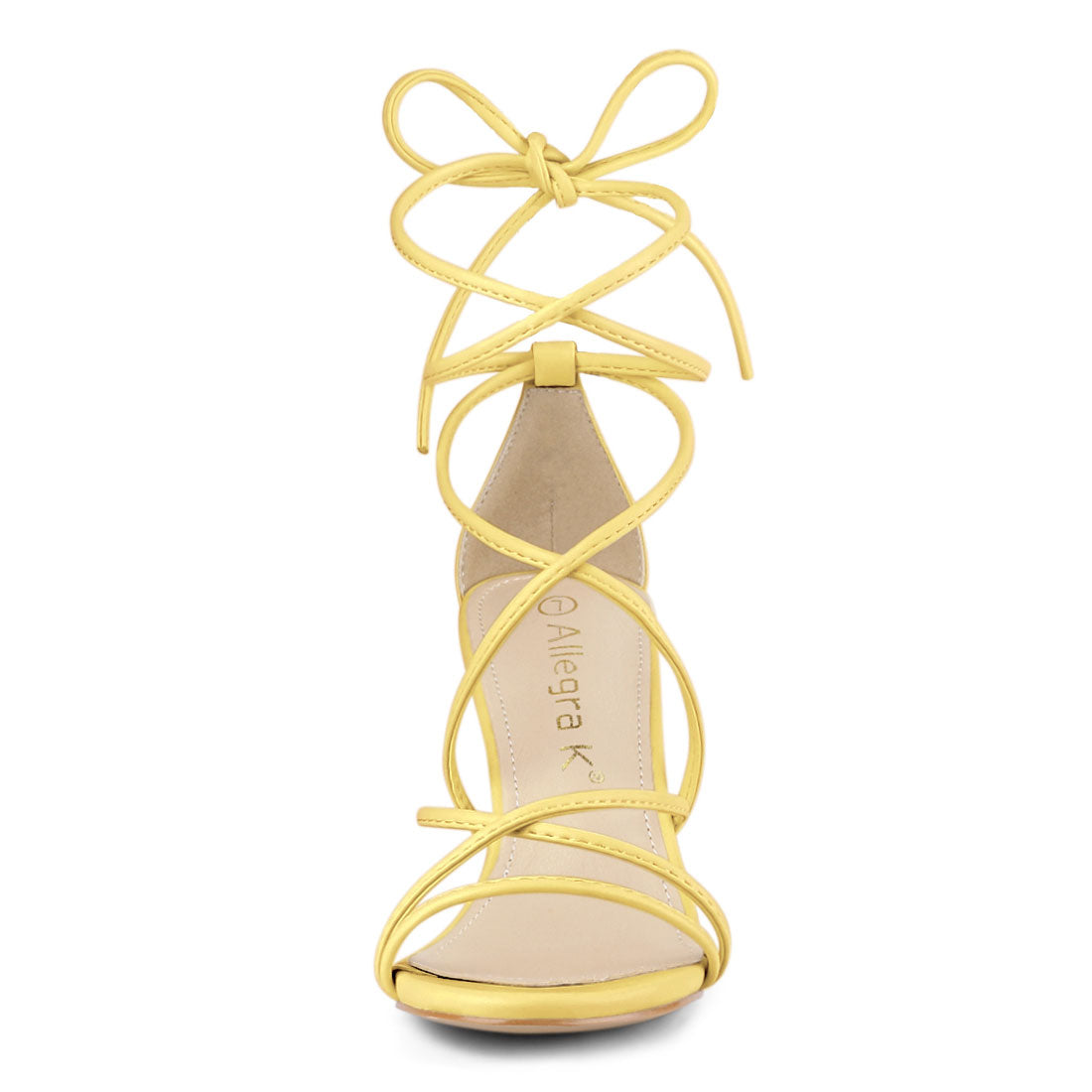 Allegra K Strappy Straps Lace Up Chunky Gold Heel Sandals Yellow