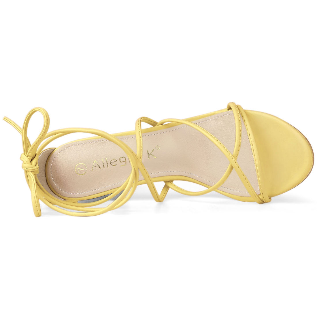 Allegra K Strappy Straps Lace Up Chunky Gold Heel Sandals Yellow