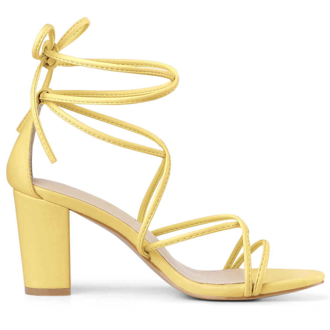 Allegra K Strappy Straps Lace Up Chunky Gold Heel Sandals Yellow