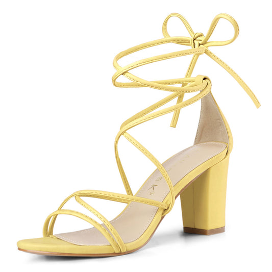 Allegra K Strappy Straps Lace Up Chunky Gold Heel Sandals Yellow
