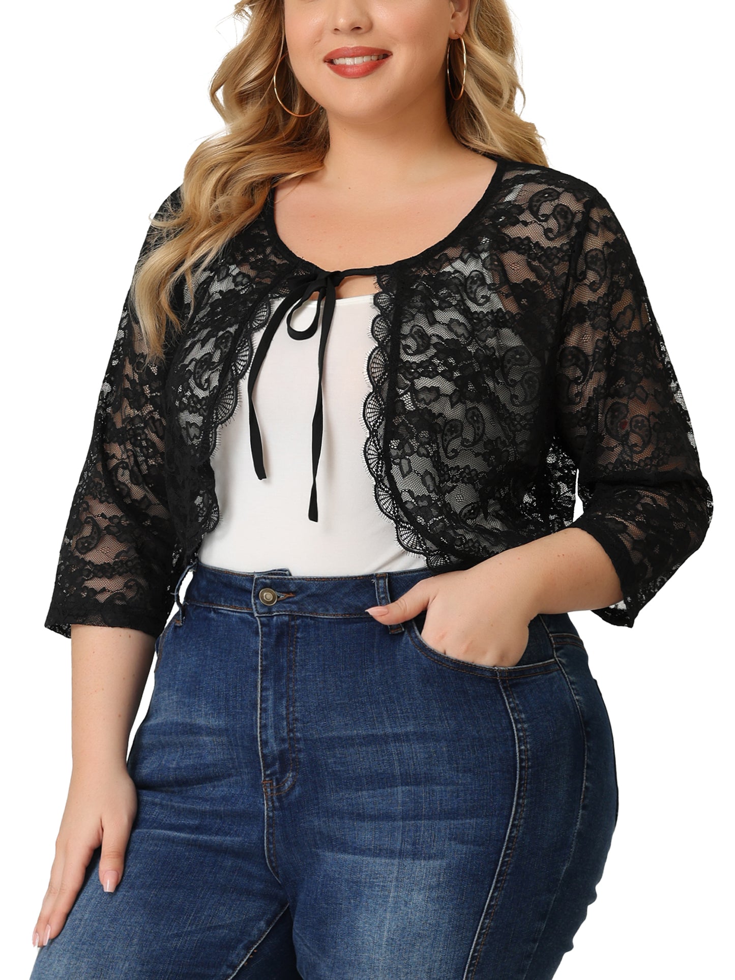 Women's Plus Size Bolero Cardigan Tie Front Crop Floral Sheer Lace Shrug