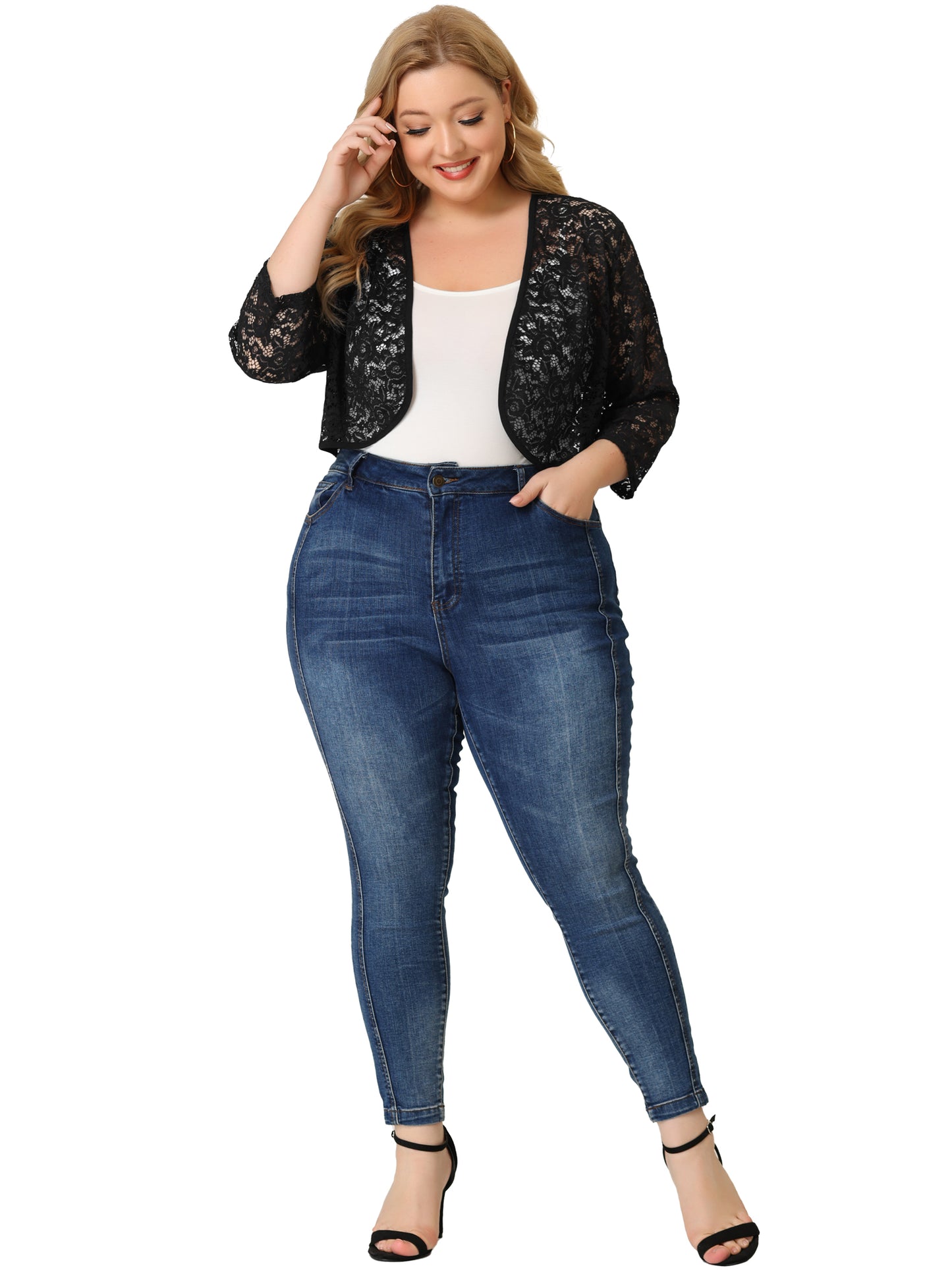 Women Plus Size Floral Lace Shrug Elegant 3/4 Sleeve Lightweight Sheer Bolero Cardigan