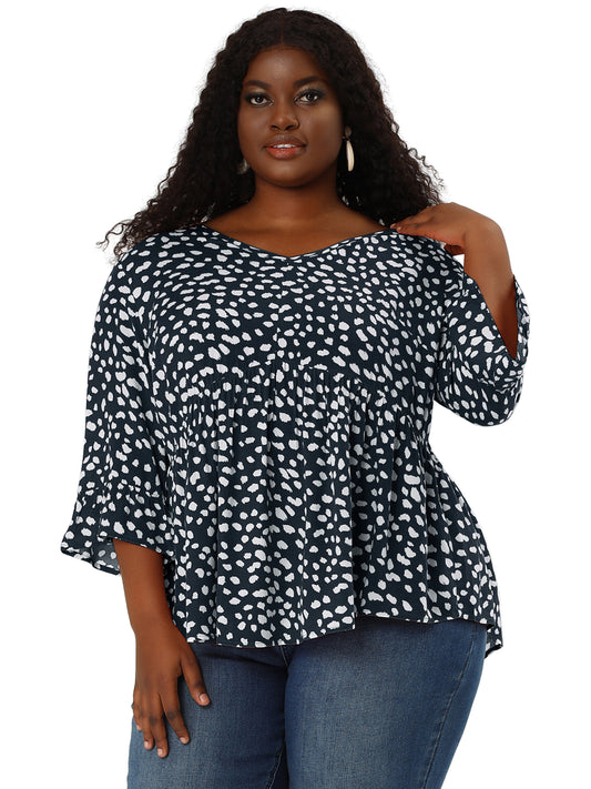 Women Plus Size Polka Dots Blouses V Neck 3/4 Ruffle Sleeve Peplum Top