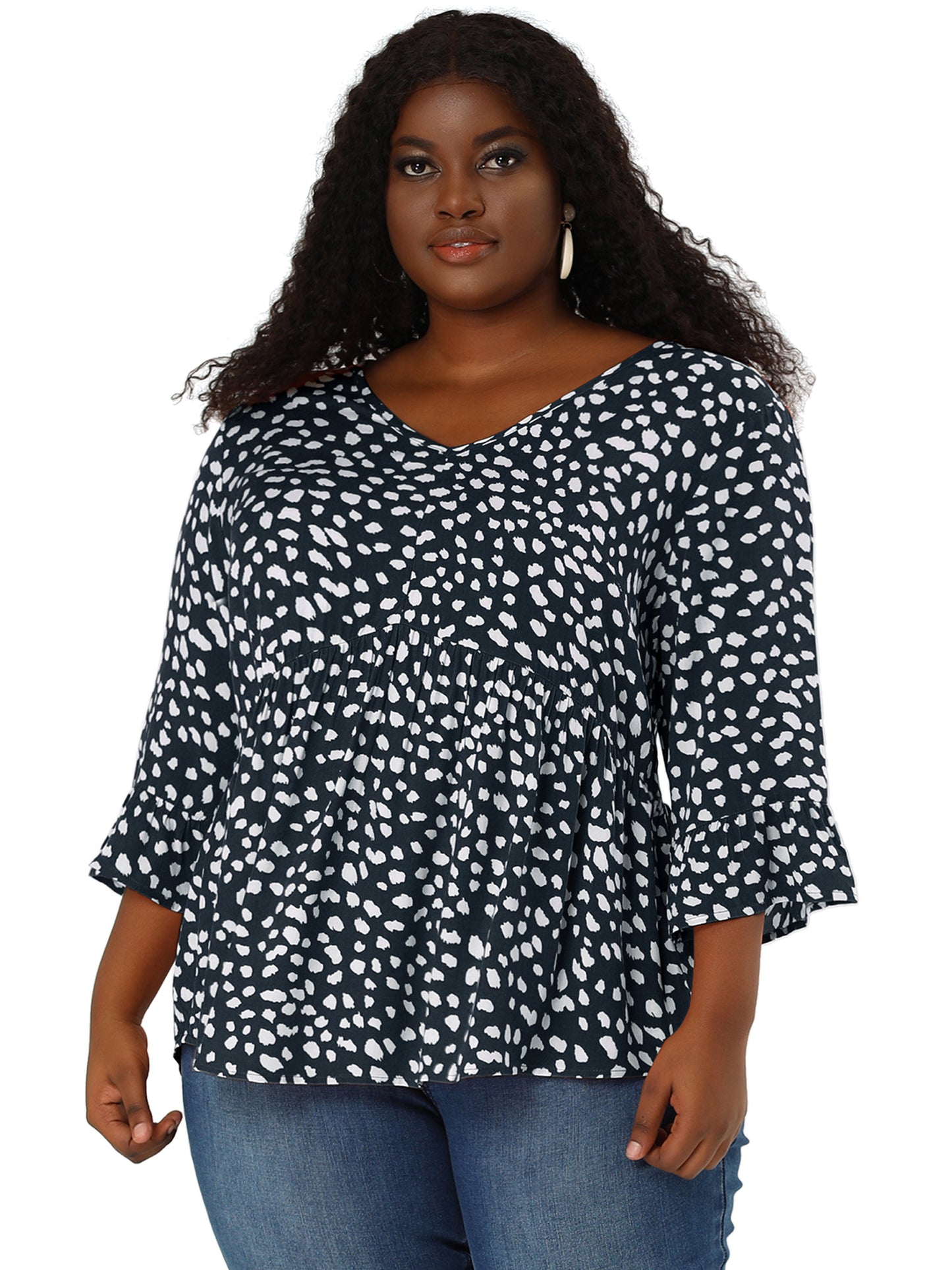 Women Plus Size Polka Dots Blouses V Neck 3/4 Ruffle Sleeve Peplum Top