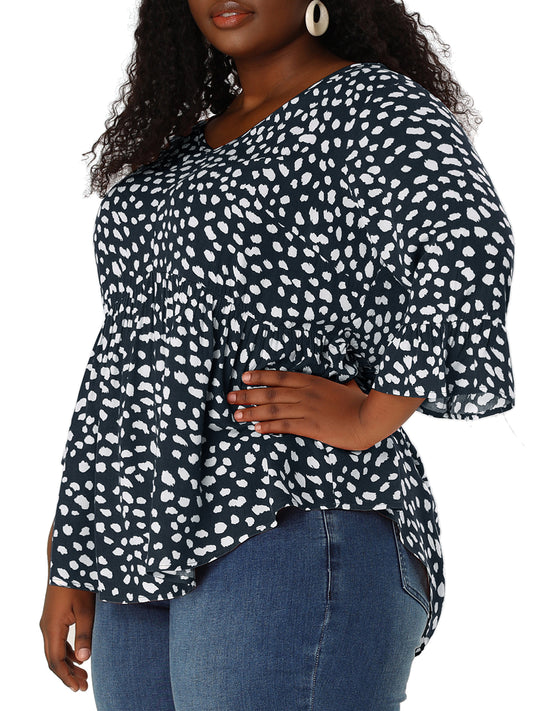 Women Plus Size Polka Dots Blouses V Neck 3/4 Ruffle Sleeve Peplum Top