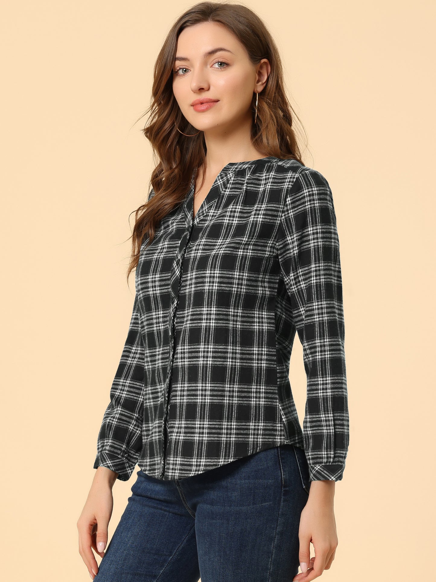 Camisa a cuadros para mujer con cuello en V, botones y manga larga