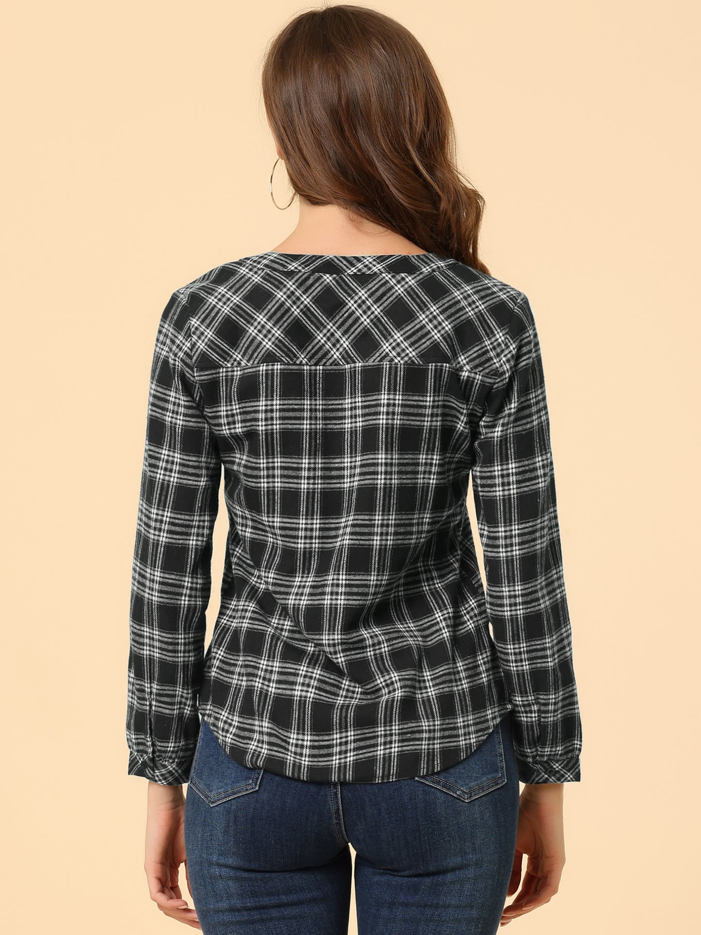 Camisa a cuadros para mujer con cuello en V, botones y manga larga