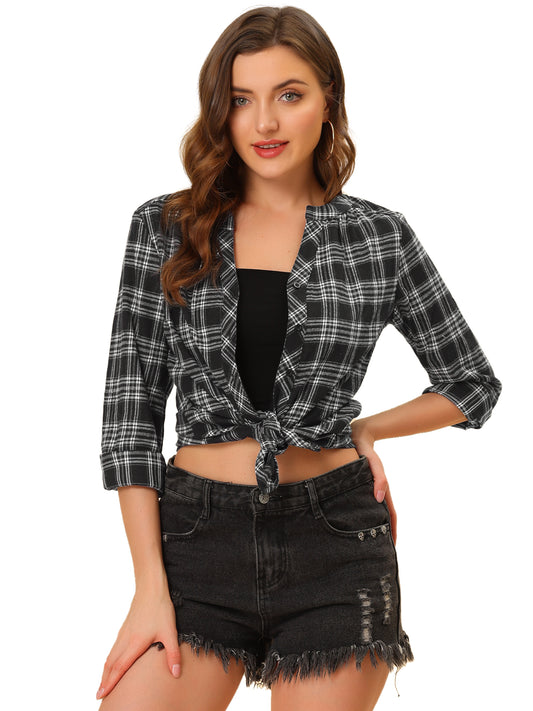 Camisa a cuadros para mujer con cuello en V, botones y manga larga