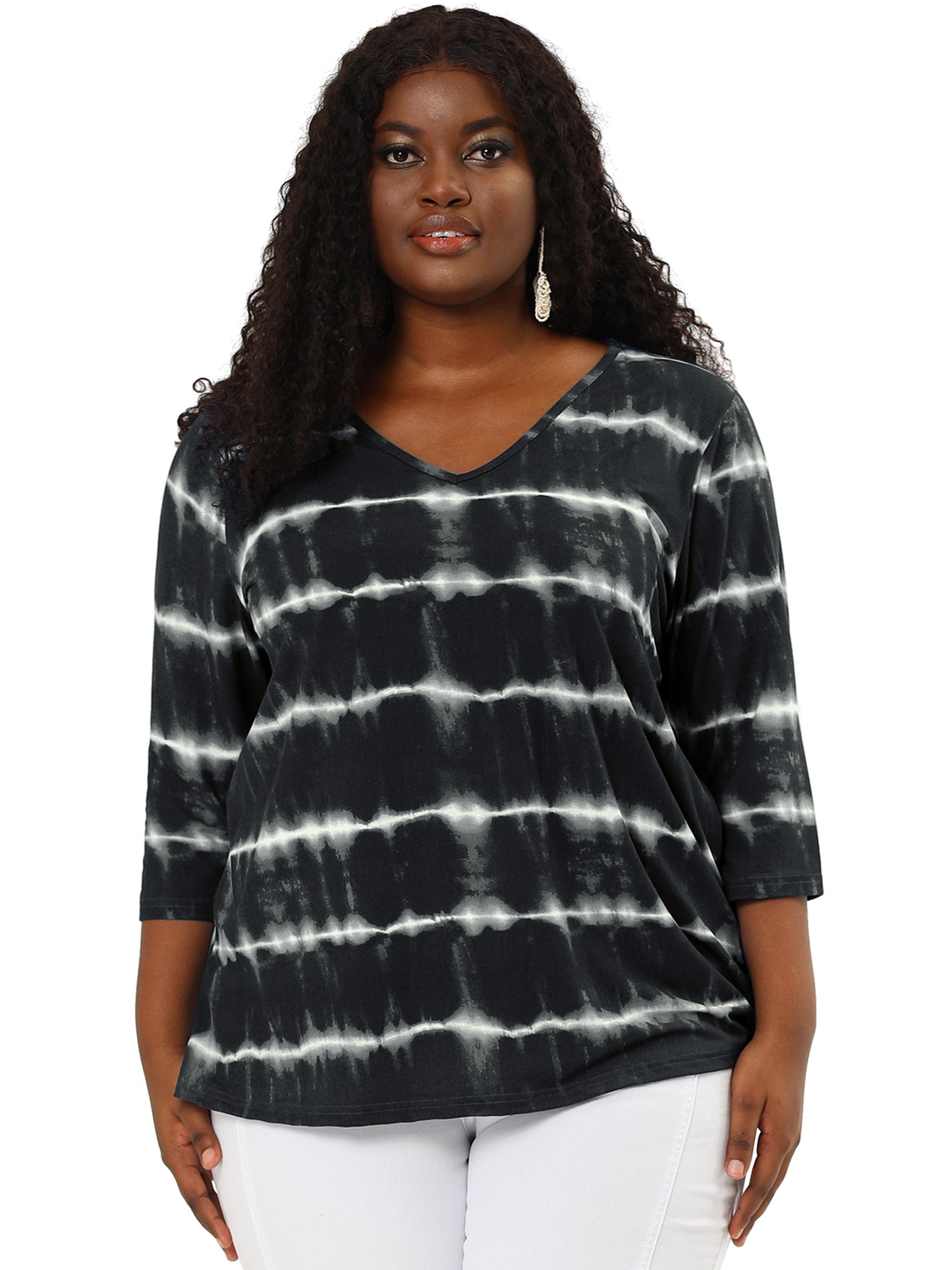 Women Plus Size T Shirt V Neck 3/4 Sleeve Loose Casual Blouse Striped Tie Dye Print