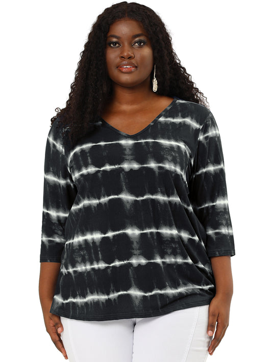 Women Plus Size T Shirt V Neck 3/4 Sleeve Loose Casual Blouse Striped Tie Dye Print