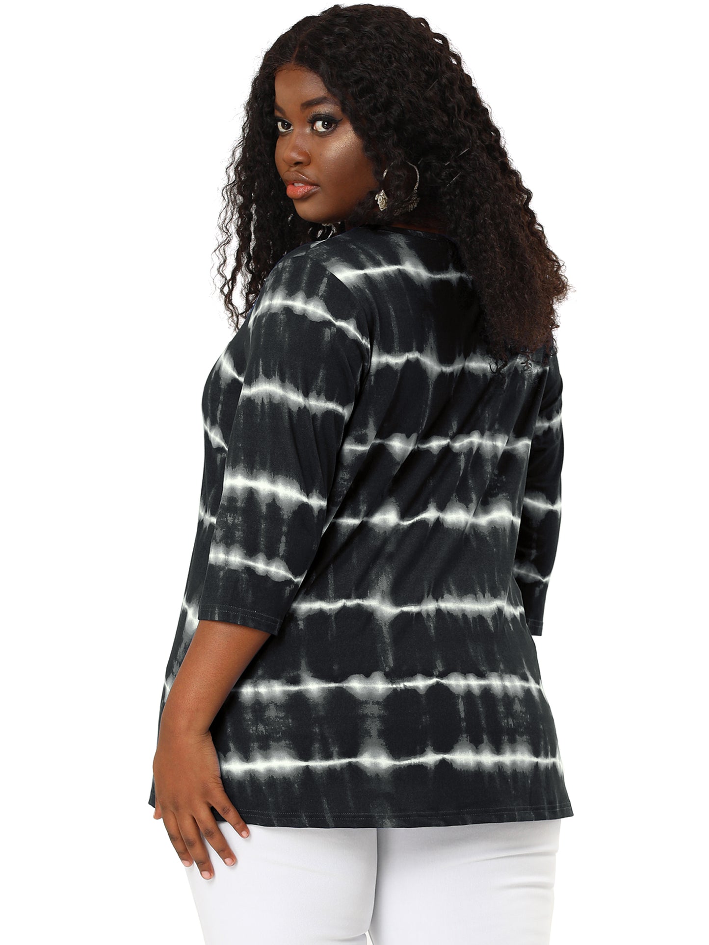 Women Plus Size T Shirt V Neck 3/4 Sleeve Loose Casual Blouse Striped Tie Dye Print