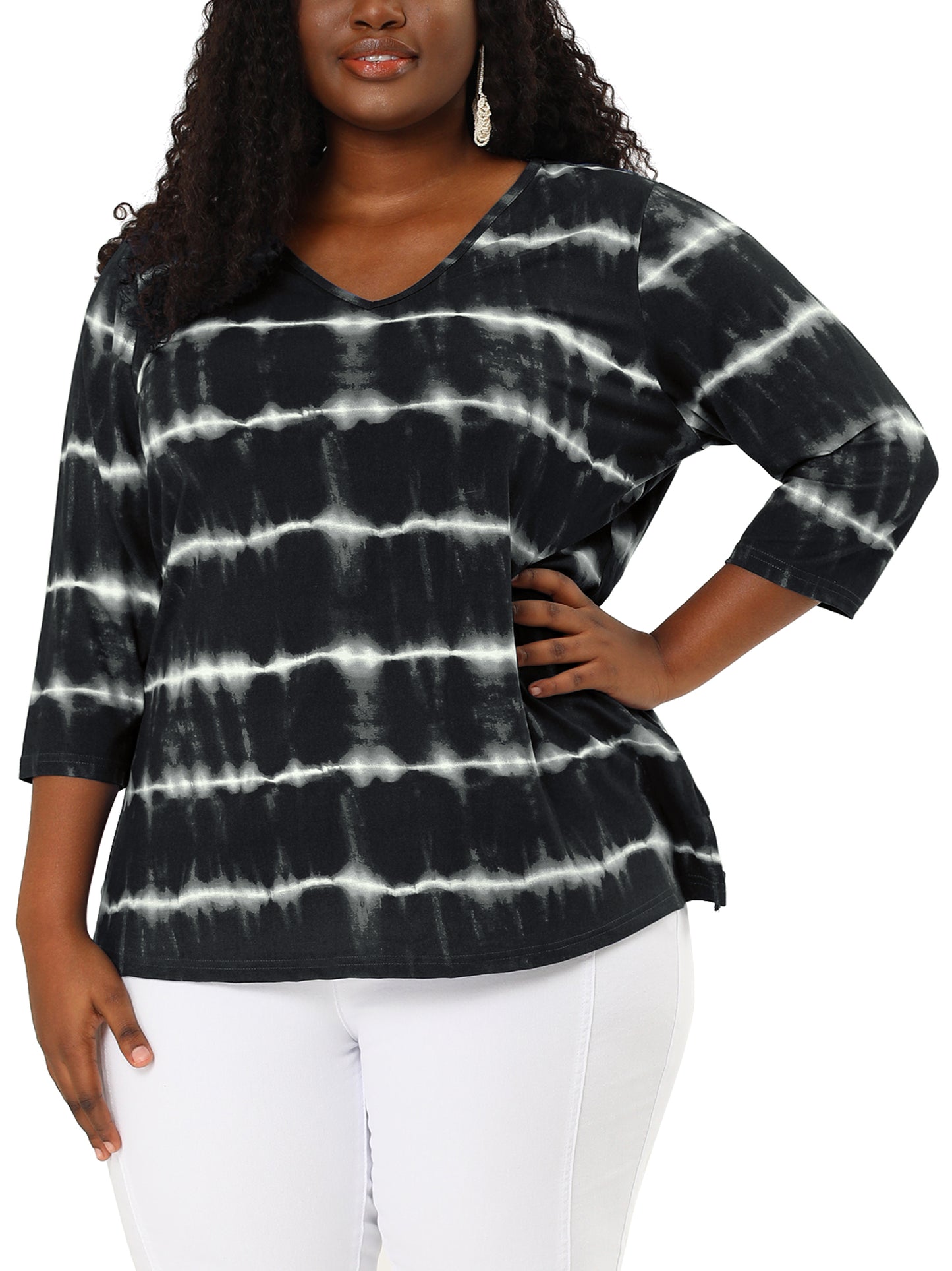 Women Plus Size T Shirt V Neck 3/4 Sleeve Loose Casual Blouse Striped Tie Dye Print