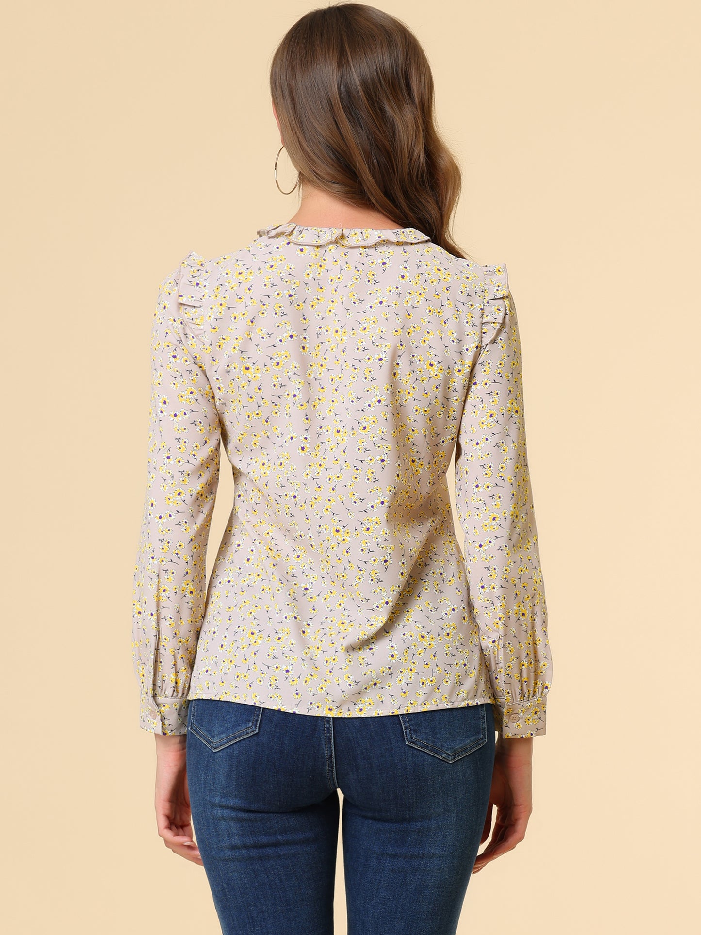 Women's Victorian Ruffled Neck Long Sleeve Ditsy Floral Blouse Shirt