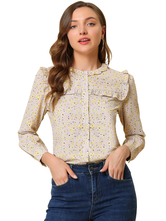 Women's Victorian Ruffled Neck Long Sleeve Ditsy Floral Blouse Shirt