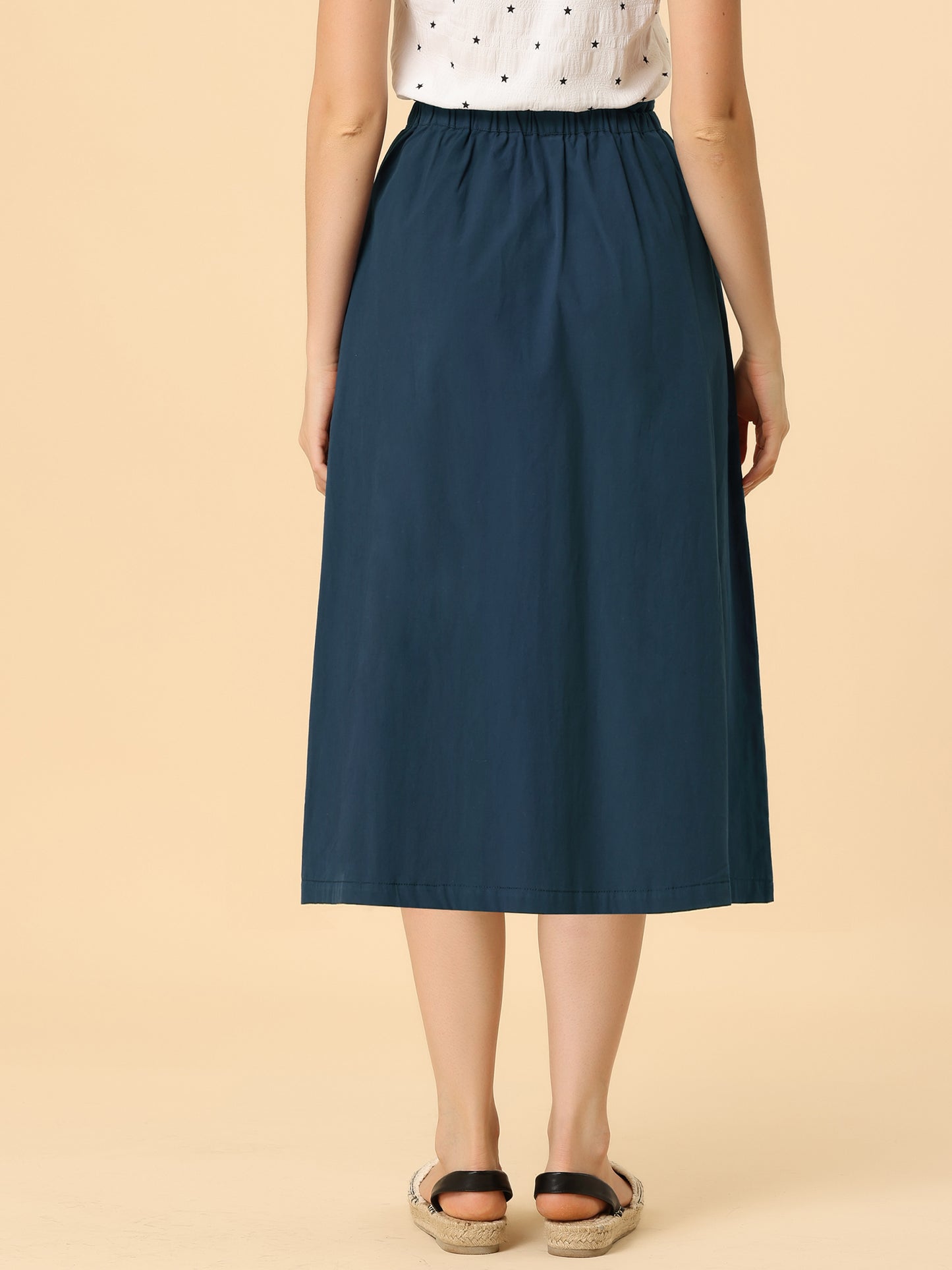 Falda informal de algodón para mujer, estilo campesino, con cintura elástica y bolsillos.