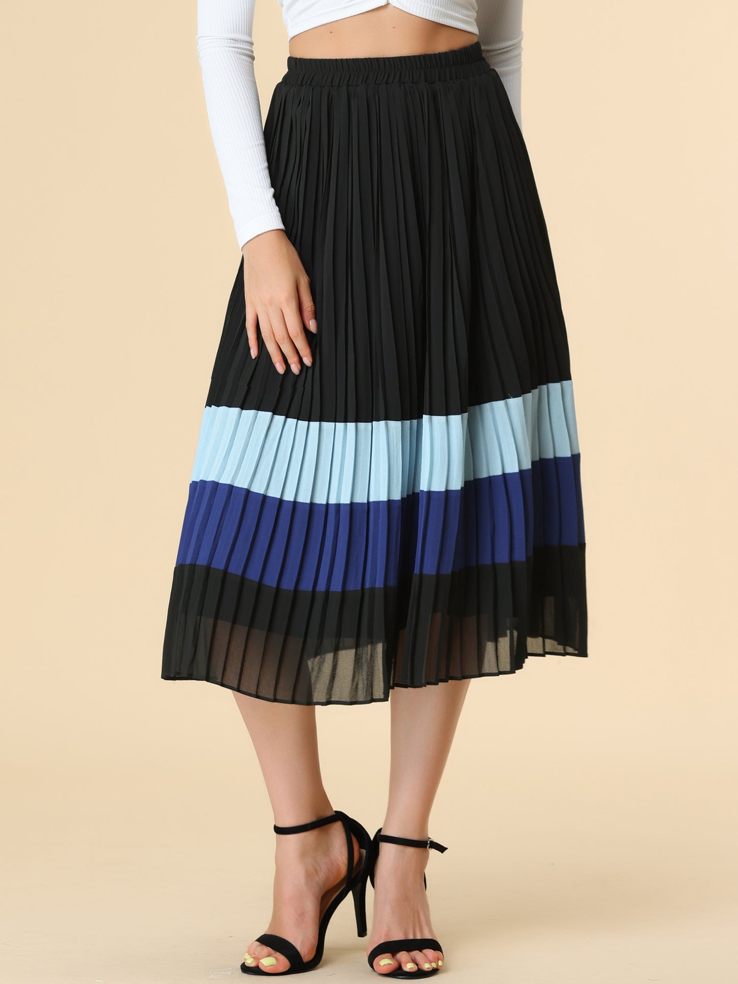 Women's Summer Elastic Waist Color Block A-Line Pleated Chiffon Midi Skirt