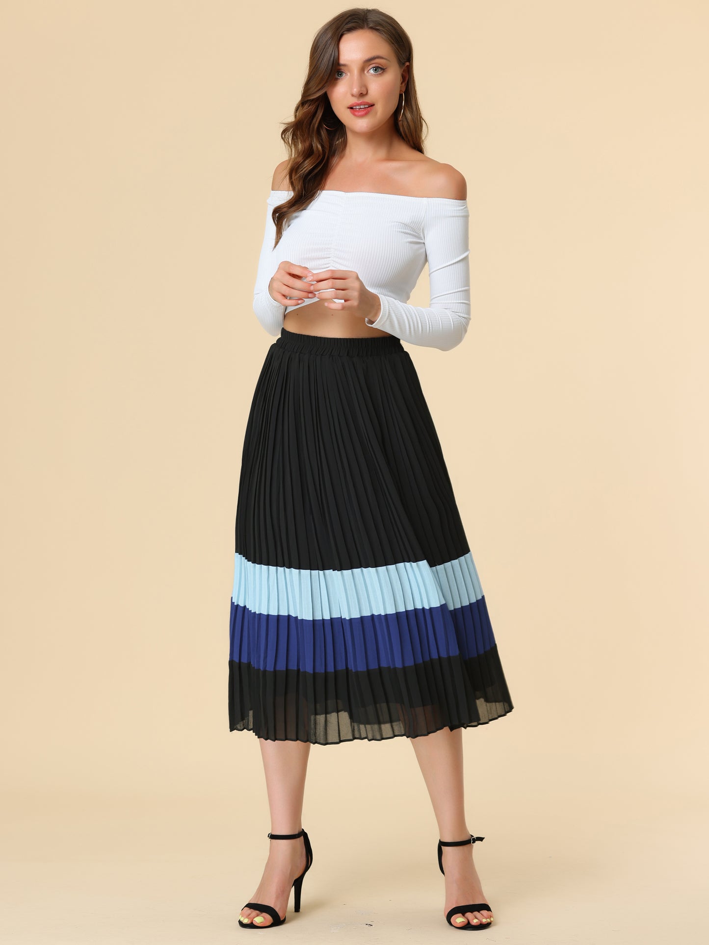 Women's Summer Elastic Waist Color Block A-Line Pleated Chiffon Midi Skirt