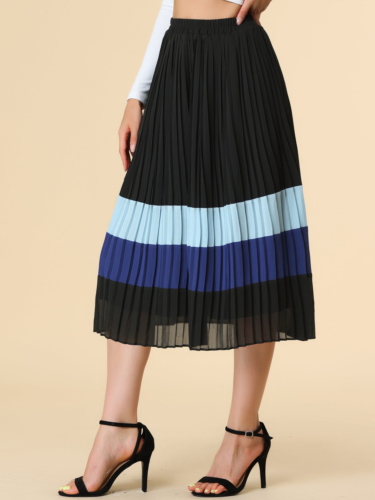 Women's Summer Elastic Waist Color Block A-Line Pleated Chiffon Midi Skirt