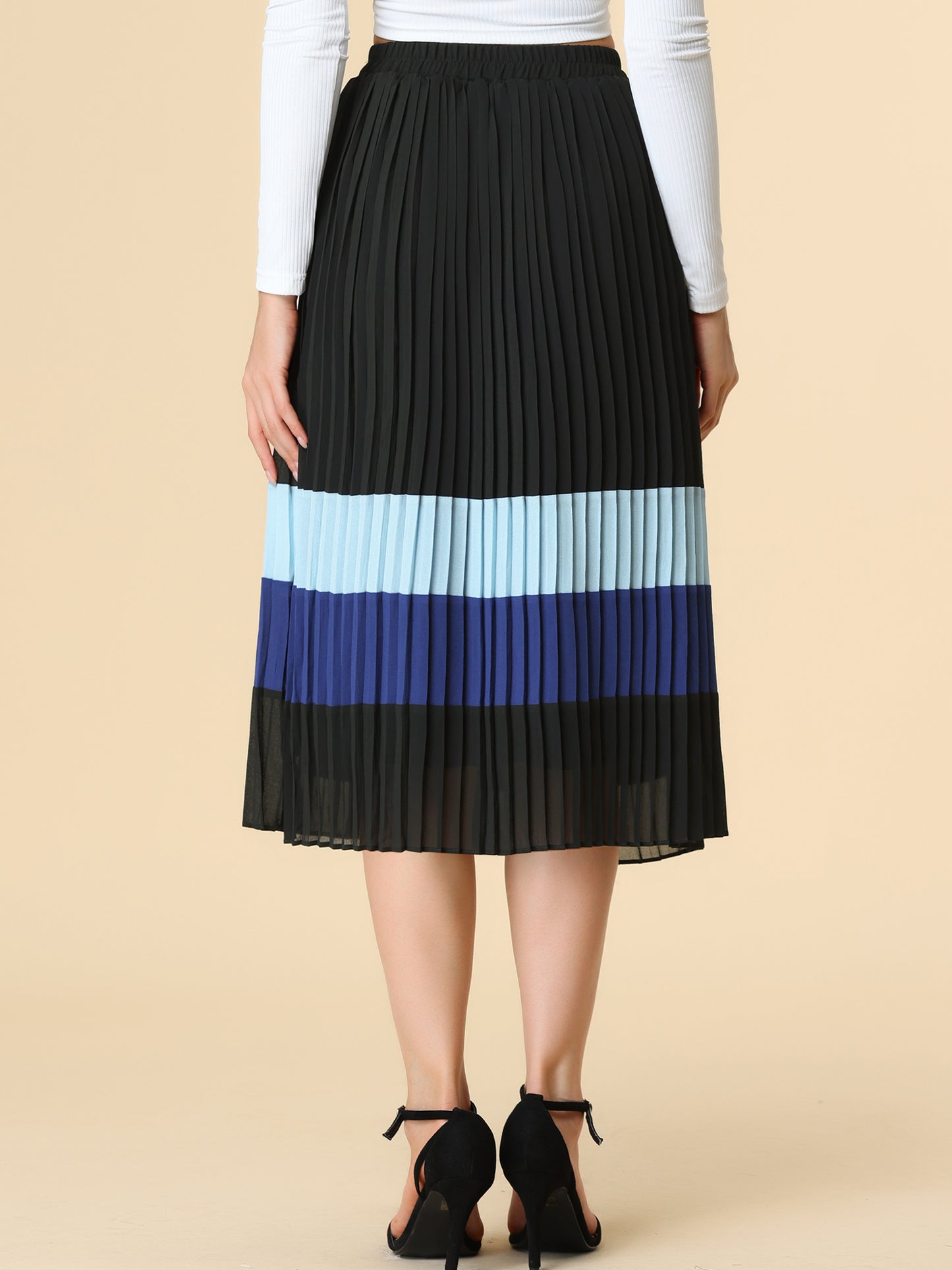 Women's Summer Elastic Waist Color Block A-Line Pleated Chiffon Midi Skirt